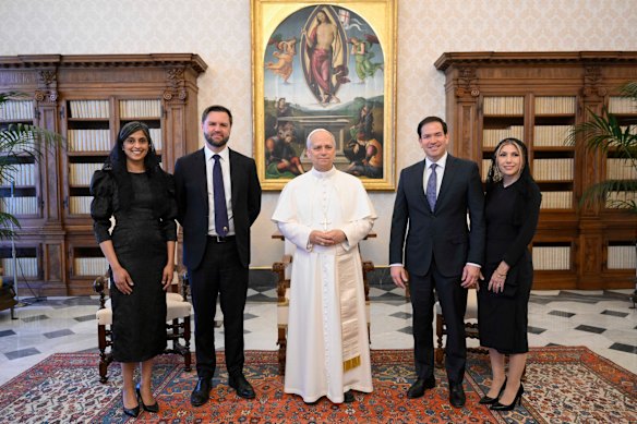 Pope Leo XIV is pictured with Vice President JD Vance, second from left, his wife Usha Vance, Secretary of State Marco Rubio, second from right, and his wife Jeanette Dousdebes Rubio, at the Vatican on Monday.