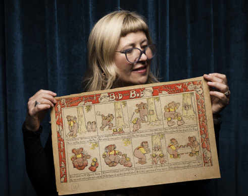 Curator Sarah Morley with May Gibbs’ original illustrations at the Mitchell Library.