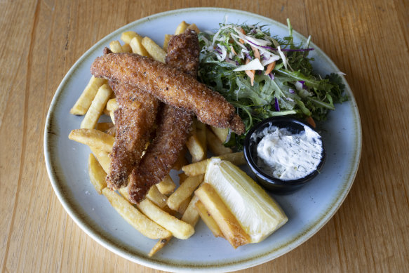 Ken Henry’s fish and chips is snapper. He would have preferred a bit less breadcrumb but nonetheless, says it is very tasty.