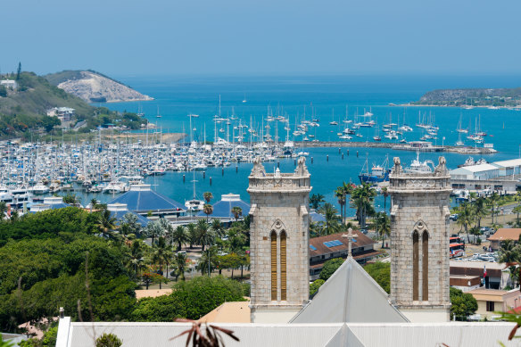 Noumea’s Moselle Bay with St Joseph Cathedral in the foreground.