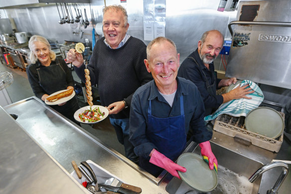 Barry Iddles (second left), owner of Queenscliff restaurant 360Q, with staff members Susie Burston, Ken Ferrier (front) and Kenton Savage.