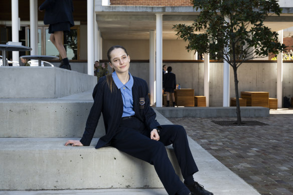 Year 11 MLC School student Persephone Wahltuch chooses to wear trousers in winter.