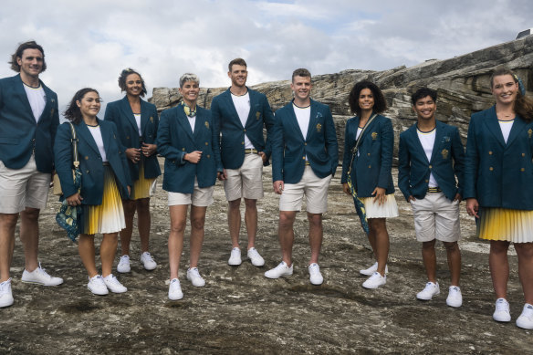 Australian Olympians at the unveiling of the official opening ceremony uniforms for Paris 2024.