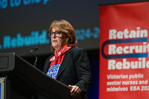 Lisa Fitzpatrick, the Victorian secretary of the Australian Nurses and Midwives Federation, addresses members on Wednesday.