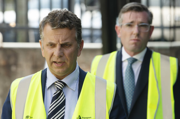 Transport Minister Andrew Constance, with Treasurer Dominic Perrottet in the background, has indicated stage two of the Parramatta light rail will not proceed.
