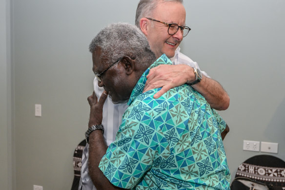The first in-person bilateral meeting between Australian PM Anthony Albanese and Solomon Islands PM Manasseh Damukana Sogavare on Wednesday began with a hug.