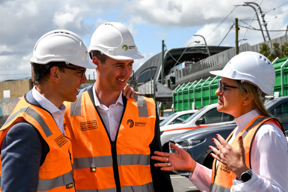 Deputy Premier Jacinta Allan visits the Suburban Rail Loop project in Clayton on Monday with Labor MPs Steve Dimopoulos (left) and John Mullahy.