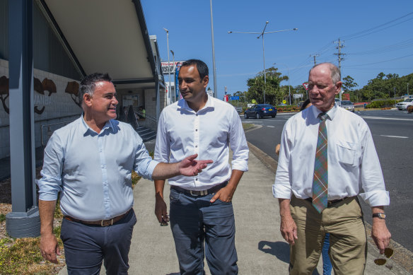 NSW Deputy Premier John Barilaro (left) with Coffs Harbour Nationals MP Gurmesh Singh (centre) and Nationals chairman and former Coffs Harbour MP Andrew Fraser during last year's election campaign. 