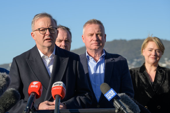 Prime Minister Anthony Albanese speaks during a press conference in Hobart on Saturday alongside Tasmanian Premier Jeremy Rockliff (second from right).