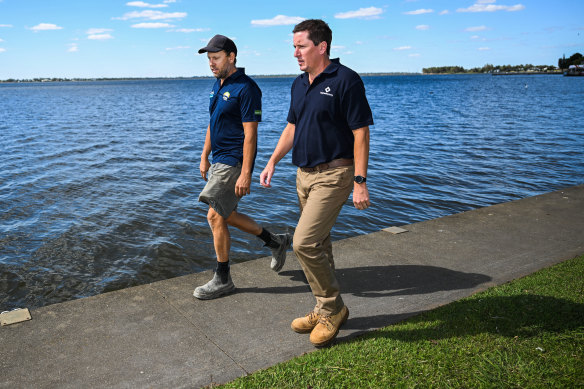 Johnny Leary (left) and Nick Dykes walk along the banks of Lake Mulwala in Yarrawonga.