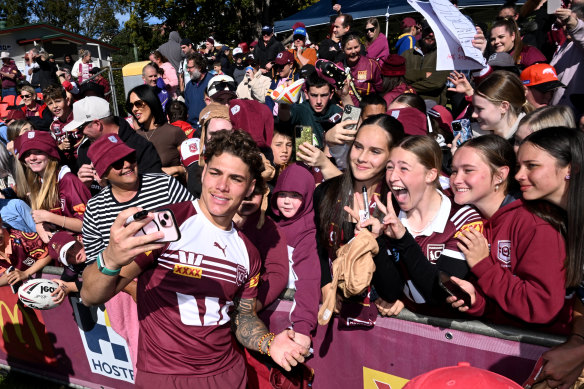 Reece Walsh with fans at a Queensland Maroons media day at the Toowoomba Sports Ground last Tuesday.
