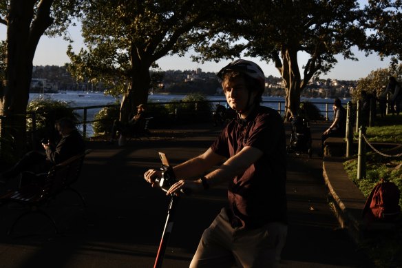 Stefan Galiaro on his e-scooter on Sunday.