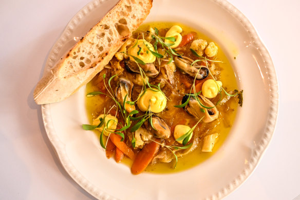 Moules marinées: local mussels. sauce escabeche, rouille, grilled baguette at Entrecote.