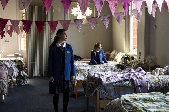 Year 10 boarding students Sabine Walton (left), from Sydney’s inner west, and Sophia from regional NSW, in a dormitory at Loreto Normanhurst.