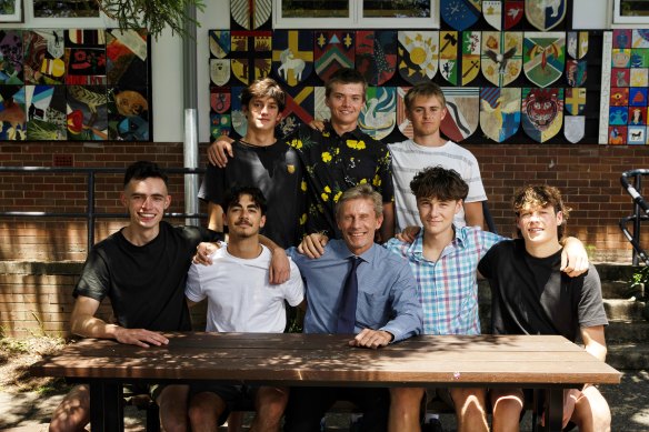 Balgowlah Boys High graduating year 12 students with principal Paul Sheather just after HSC results were delivered.