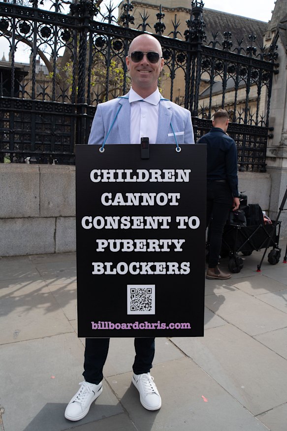 “Billboard Chris” campaigns in London against children being given puberty blockers when they want to change sex. 