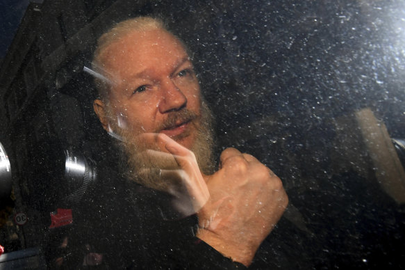 Assange arrives at Westminster Magistrates' Court in London.