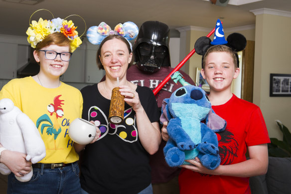 Lauren, 14, Sarah, Pat (as Darth Vader) and 13-year-old Connor Moloney have just returned from an epic six week holiday at Disney World.