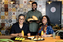 Kylie Kwong with Chatkazz owner-chef Dharmesh Rangparia and Bhavna Kalra at Chatkazz restaurant in Harris Park.