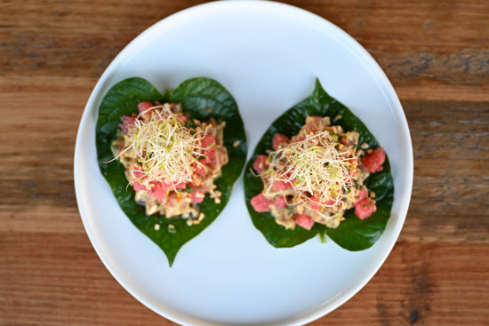 Tuna on betel leaf at Lah Bros.