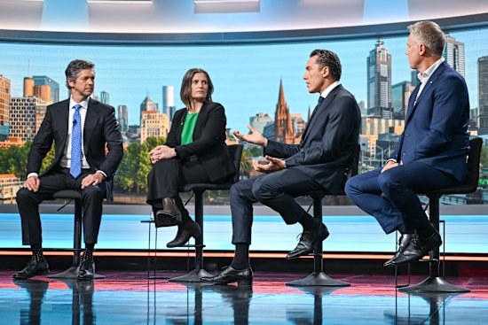 Lord Mayor Nick Reece, Greens candidate Roxane Ingleton. ex-AFL player Anthony Koutoufides and former deputy lord mayor Arron Wood at the Nine debate.