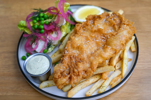 The go-to dish of fish and chips comes with lemony tartare and a salad of cos lettuce and house-pickled onion.