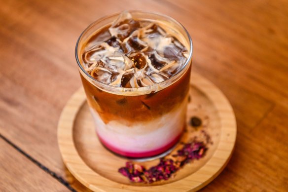 Specialty coffee drinks include the ‘dirty rose iced latte’.