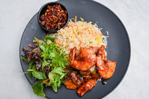 Egg fried rice, devilled prawns, vegetable salad and chilli paste.