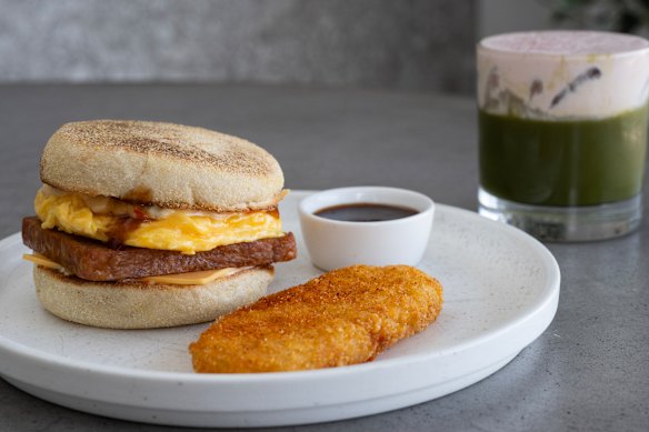 Spam and egg roll with organic Japanese matcha.