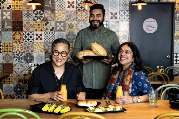 Kylie Kwong with Chatkazz owner-chef Suraj Panchal and Bhavna Kalra at Chatkazz restaurant  in Harris Park.