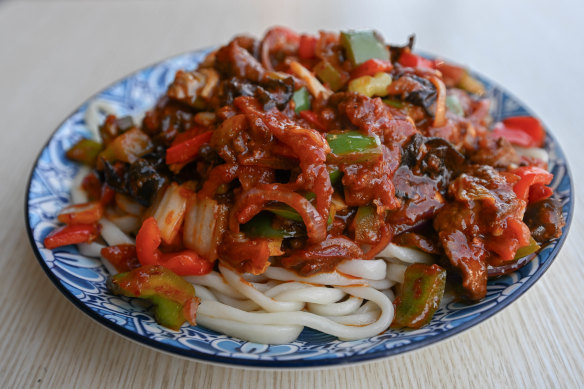 Hand-pulled noodles with stir-fried lamb.