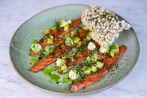 Gin-cured salmon comes with confit fennel, creme fraiche and salmon roe, in a nod to the colours of the Irish flag.