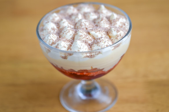The chef has adapted his mother’s tipsy trifle recipe, using fig-leaf custard, cherries and Bailey’s.