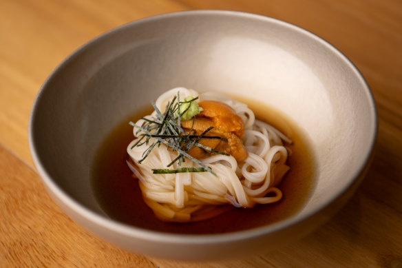 Thin udon noodles with sea urchin and wasabi. 