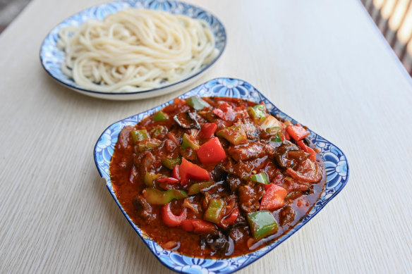 Hand-pulled noodles with stir-fried lamb.