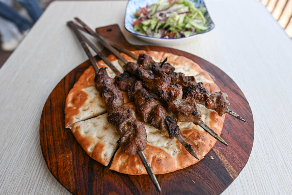 Xinjiang-style lamb skewers, marinated overnight then cooked over coals, are Bay Aka BBQ’s speciality.