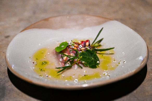 Go-to dish: Hiramasa kingfish crudo with tomato consomme and sea herbs.