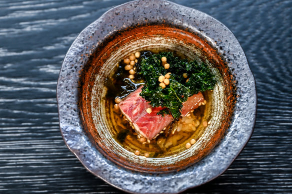 Eel and crisp kale in broth is a play on ochazuke (green tea over rice).