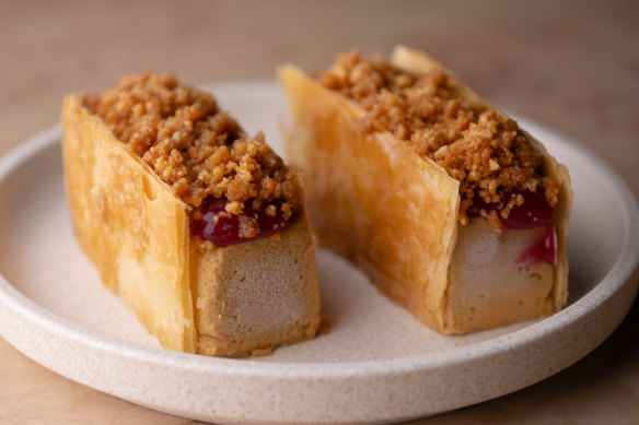 Peanut butter parfait, spiked with Davidson plum jam and sandwiched in filo pastry.