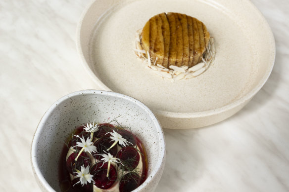 Baumkuchen with cherry and burnt honey.