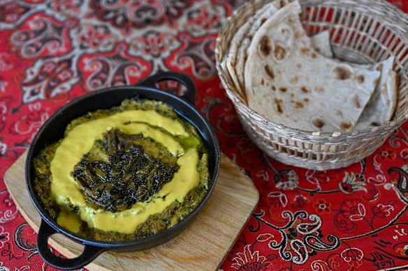 Kashk bademjoon (eggplant dip) with floppy lavash flatbread.