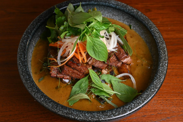 Green curry with charcoal-grilled eggplant and optional brisket.