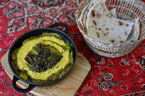 Kash bademjan (eggplant dip) with floppy lavash flatbread.