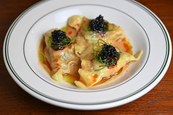 King prawn dumplings with tapioca “caviar”.