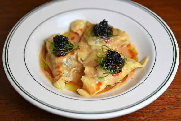 King prawn dumplings with tapioca “caviar”.