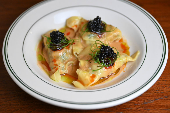 King prawn dumplings with tapioca “caviar”.