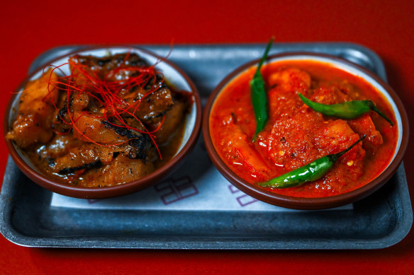 Blackened pineapple curry (left) and prawn curry.