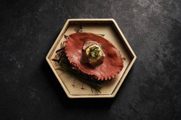 Shellfish with scampi jelly and sweetcorn sauce.