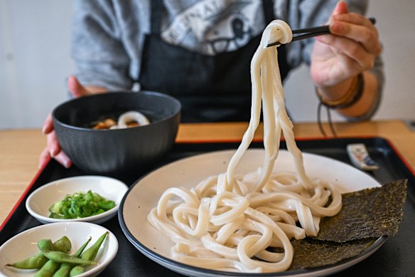 Dipping udon with mushroom soup