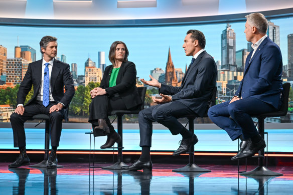 Lord Mayor Nick Reece, Greens candidate Roxane Ingleton. ex-AFL player Anthony Koutoufides and former deputy lord mayor Arron Wood at the Nine debate.